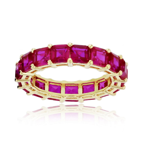 Red Princess Cut Cubic Zirconia Eternity Band in 14k Yellow Gold Plated Sterling Silver