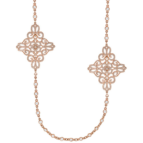 Crystal Four Point Medallion Opera Necklace in 14k Rose Gold Over Sterling Silver