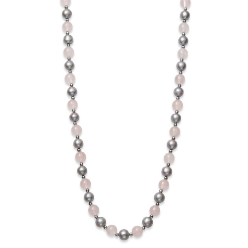 Gray Cultured Freshwater Pearl 7.5-8.5mm and Rose Quartz 8mm 18" Necklace with Sterling Silver Beads