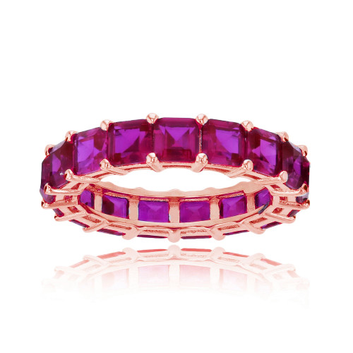 Red Princess Cut Cubic Zirconia Eternity Band in 14k Rose Gold Plated Sterling Silver