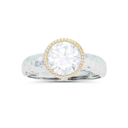 Cubic Zirconia Two Tone Milgrain Bezel Set Hammered Ring