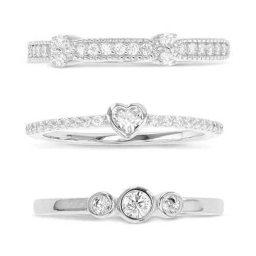 3-Pc. Set Cubic Zirconia Beaded, Heart, & Bezel Stack Rings