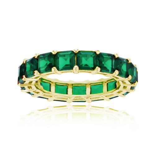Green Princess Cut Cubic Zirconia Eternity Band in 14k Yellow Gold Plated Sterling Silver