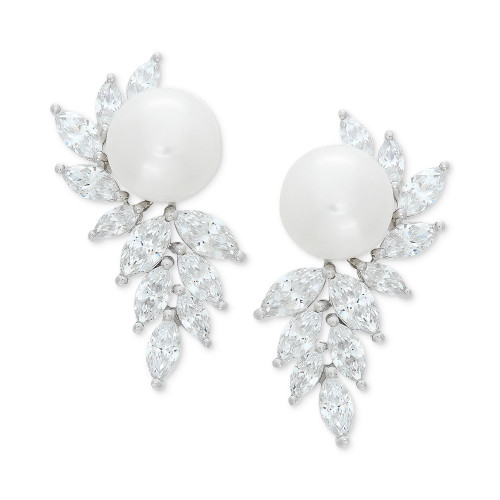 Cultured Freshwater Pearl (10mm) & Cubic Zirconia Drop Earrings in Sterling Silver