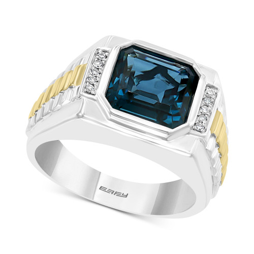 EFFY® Men's London Blue Topaz (5-5/8 ct. t.w.) & Diamond (1/10 ct. t.w.) Ring in Sterling Silver & 18k Gold-Plate