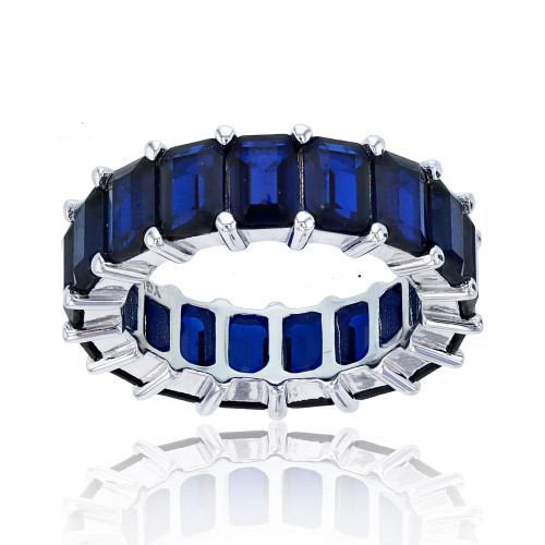 Created Blue Spinel Emerald Cut Eternity Band in Rhodium Plated Sterling Silver