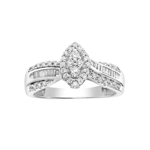Diamond Round & Baguette Halo Cluster Engagement Ring (1/4 ct. t.w.) in 14k White Gold