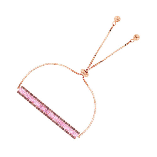 Cubic Zirconia Brown and Pink Round and Baguette Bar Adjustable Bolo Bracelet in 14K Rose Gold Over Sterling Silver