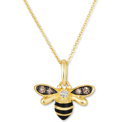 Diamond (1/8 ct. t.w.) & Black Enamel Bee 18" Pendant Necklace in 14k Gold