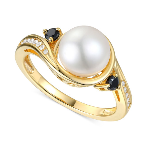 Cultured Freshwater Pearl (8mm), Onyx, & Diamond (1/20 ct. t.w.) Ring in 10k Gold