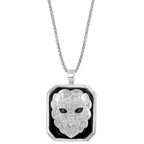 EFFY® Men's Diamond (1/2 ct. t.w.) & Emerald Accent Black Enamel Lion 22" Pendant Necklace in Sterling Silver
