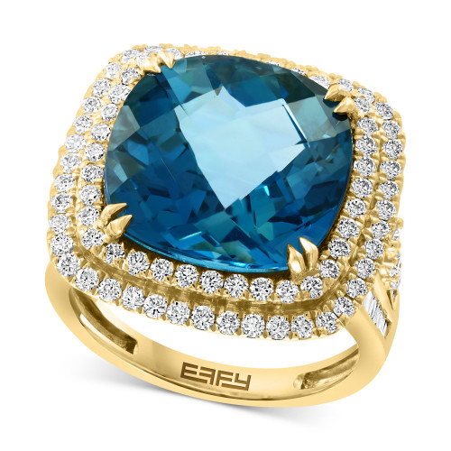 EFFY® London Blue Topaz (12-1/3 ct. t.w.) & Diamond (1-1/5 ct. t.w.) Double Halo Ring in 14k Gold