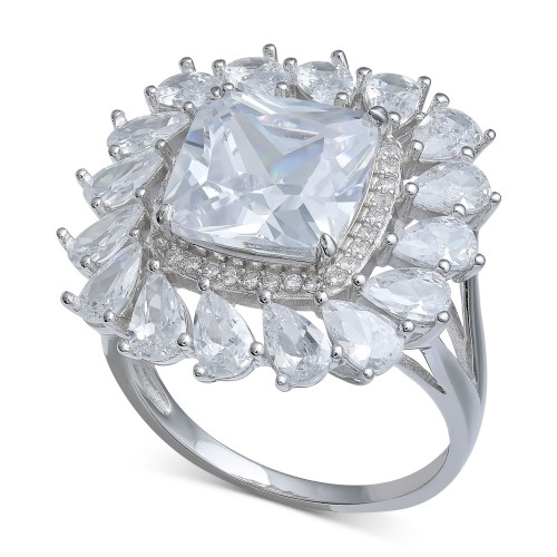 Cubic Zirconia Cushion & Pear Halo Statement Ring in Sterling Silver