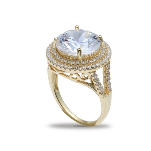 Cubic Zirconia Double Pave Halo Ring (7-1/2 ct. t.w.) in 18K Gold Plated Sterling Silver
