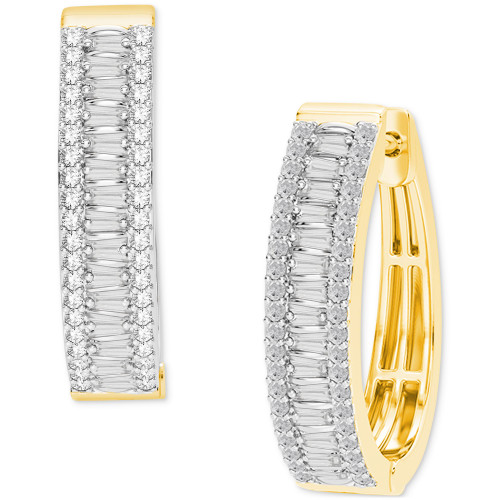 Diamond Round & Baguette Small Hoop Earrings (1/2 ct. t.w.) in Sterling Silver & 14k Gold-Plate
