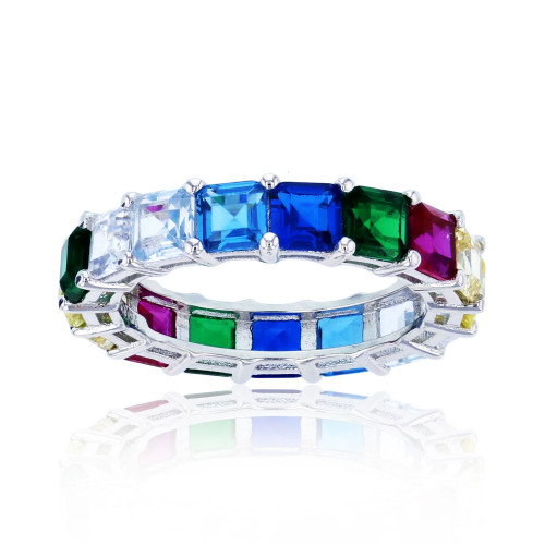 Rainbow Princess Cut Cubic Zirconia Eternity Band in Rhodium Plated Sterling Silver