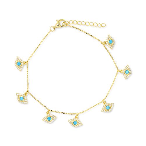 Cubic Zirconia & Nano Turquoise Evil Eye Charm Bracelet in 14k Gold-Plated Sterling Silver