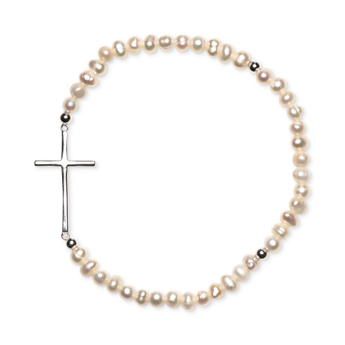 Cultured Freshwater Pearl (3-4mm) East-West Cross Stretch Bracelet in Sterling Silver