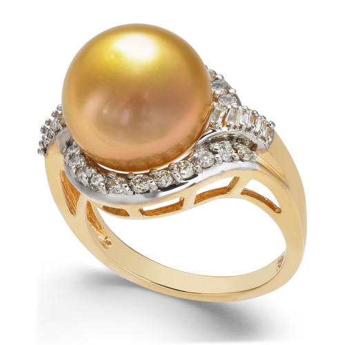 Cultured Golden South Sea Pearl (12mm) and Diamond (5/8 ct. t.w.) Ring in 14k Gold