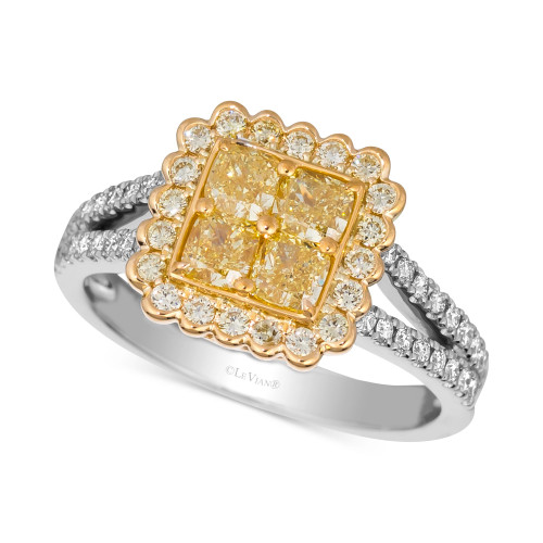Sunny Yellow Diamond (1-1/6 ct. t.w.) & Vanilla Diamond (1/4 ct. t.w.) Quad Cluster Halo Ring in Platinum & 18k Gold