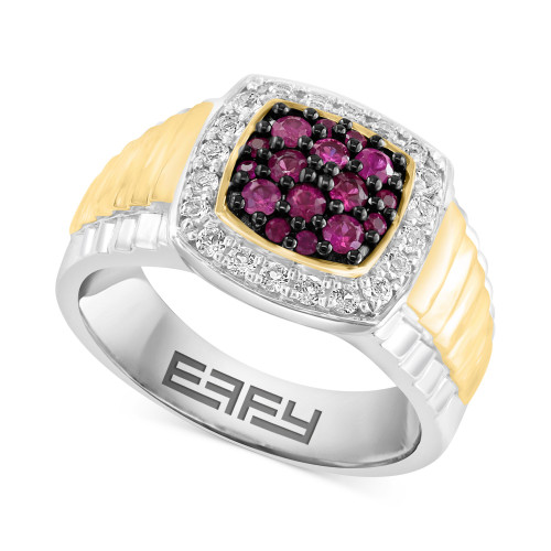EFFY® Men's Ruby (1/2 ct. t.w.) & White Topaz (3/8 ct. t.w.) Halo Ring in Sterling Silver and 14k Gold-Plate
