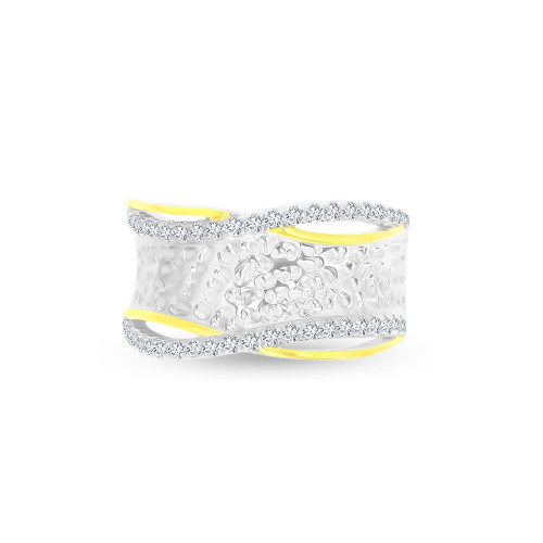 Cubic Zirconia Two Tone Hammered Criss Cross Ring