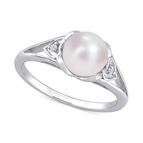 Cultured Freshwater Pearl (7mm) & Diamond Accent Heart Shoulder Ring in Sterling Silver