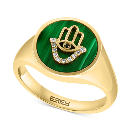 EFFY® Malachite & Diamond (1/20 ct. t.w.) Hamsa Hand Ring in 14k Gold