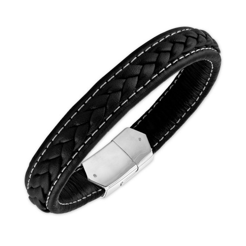 Woven Black Leather Bracelet in Sterling Silver, Created for Macy's