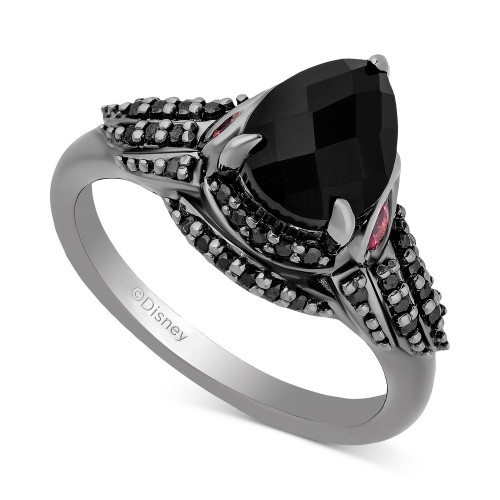 Onyx, Pink Tourmaline (1/5 ct. t.w.) & Black Diamond (1/10 ct. t.w.) Maleficent Ring in Black Rhodium-Plated Sterling Silver