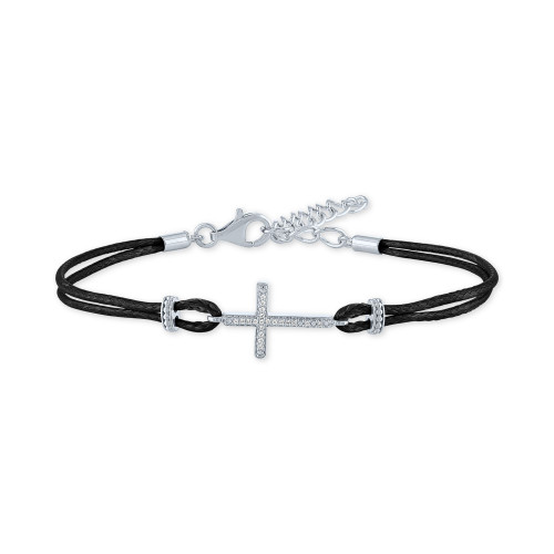 Diamond Accent East West Cross Black Cord Bracelet in Sterling Silver