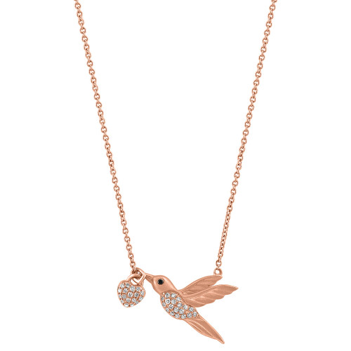 EFFY® White Diamond (1/6 ct. t.w.) & Black Diamond Accent Hummingbird 18" Pendant Necklace in 14k Rose Gold