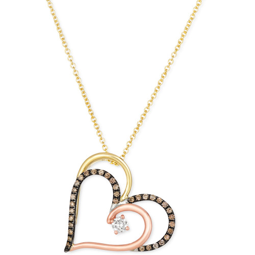 Chocolate Diamond (1/8 ct. t.w.) & Vanilla Diamond (1/20 ct. t.w.) Double Heart Pendant Necklace in 14k Tricolor Gold, 18" + 2" extender