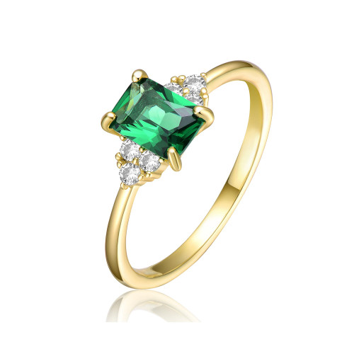 Sterling Silver 14k Yellow Gold Plated with Emerald & Cubic Zirconia Solitaire Cluster Anniversary Engagement Ring