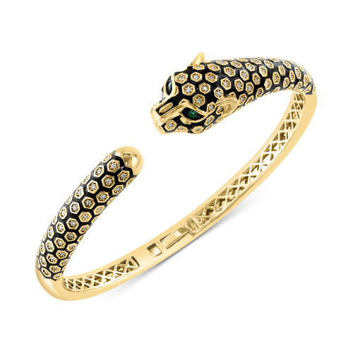 EFFY® Diamond (3/8 ct. t.w.) & Emerald (1/20 ct. t.w.) Panther Head Cuff Bracelet in 14k Gold