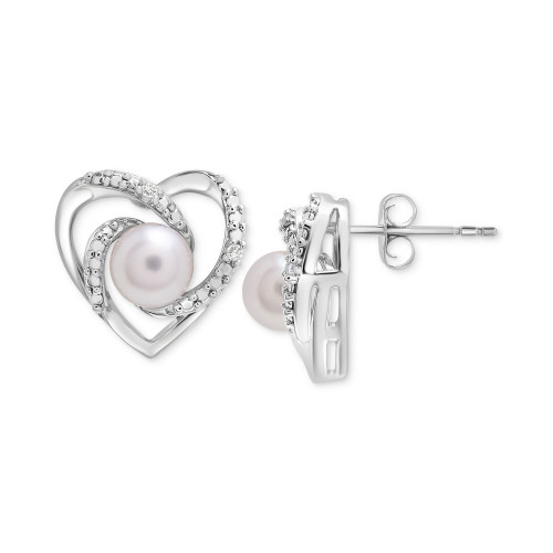 Cultured Freshwater Pearl (5mm) & Diamond Accent Heart Stud Earrings in Sterling Silver
