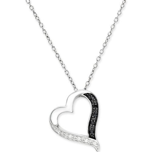 Black and White Diamond Heart Pendant Necklace (1/10 ct. t.w.) in Sterling Silver