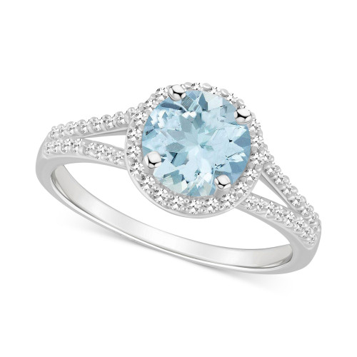 Aquamarine (1-1/4 ct. t.w.) & Diamond (1/4 ct. t.w.) Halo Split Shank Ring in Sterling Silver