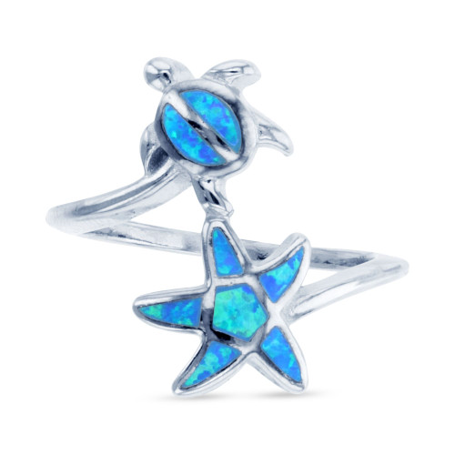 Lab-Created Opal Inlay Star & Turtle Bypass Ring in Sterling Silver