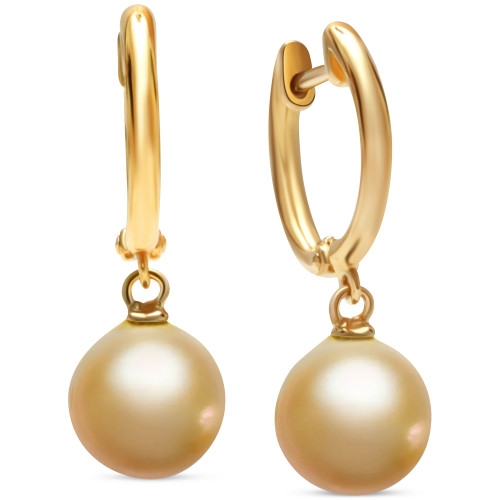 Cultured Golden South Sea Pearl (9mm) Dangle Hoop Drop Earrings in 14k Gold-Plated Sterling Silver