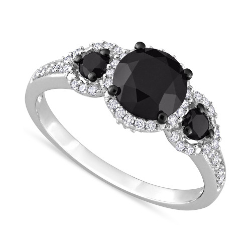 Black Diamond (1-3/4 ct. t.w.) White Diamond (1/4 ct. t.w.) 3-Stone Halo Engagement Ring in 14k White Gold
