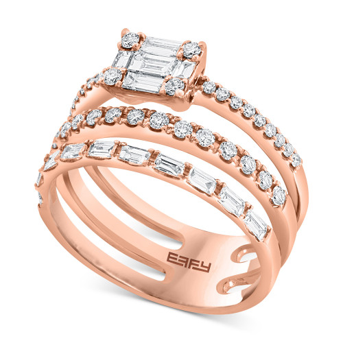 EFFY® Diamond Baguette & Round Three Row Statement Ring (3/4 ct. t.w.) in 14k Rose Gold