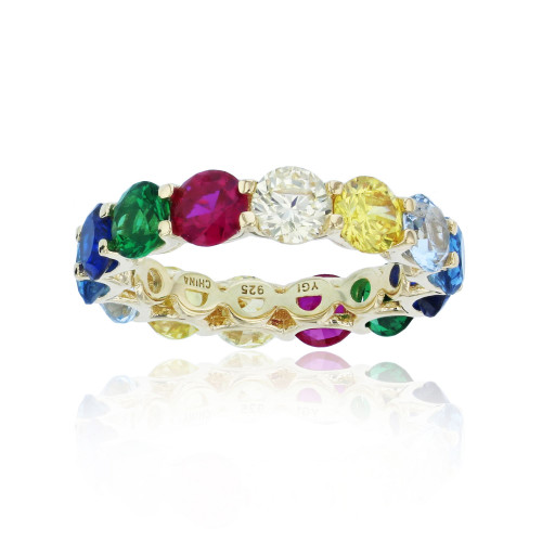 Rainbow Colored Cubic Zirconia Eternity Band in 14k Yellow Gold Plated Sterling Silver