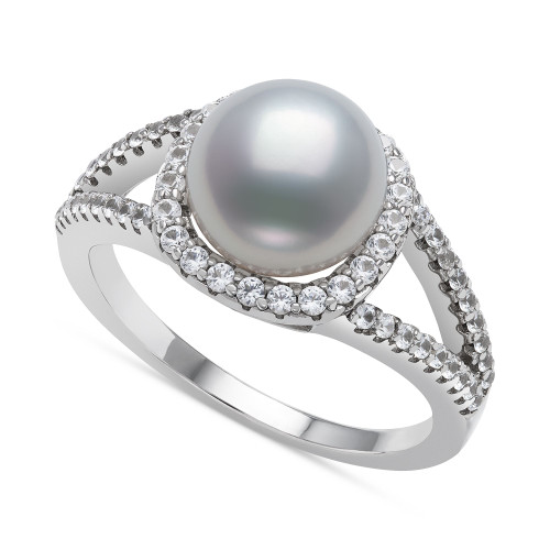 Cultured Freshwater Button Pearl (8mm) & Cubic Zirconia Statement Ring