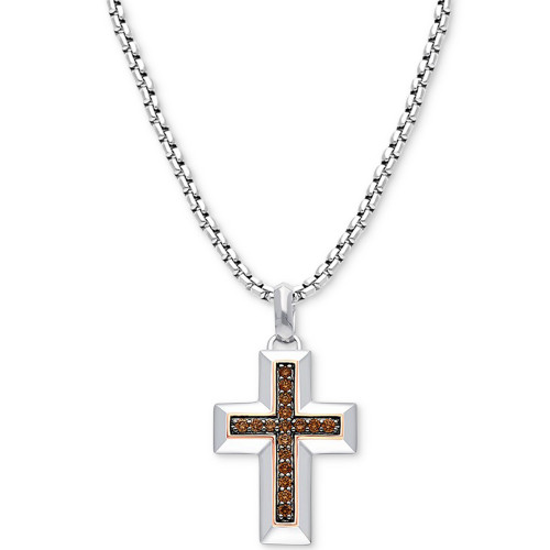Chocolatier® Men's Chocolate Diamond Cross 22" Pendant Necklace (1/3 ct. t.w.) in Sterling Silver & 14k Rose Gold-Plate
