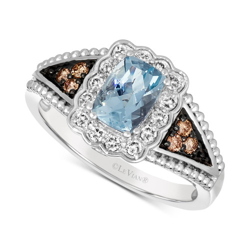 Sea Blue Aquamarine (5/8 ct. t.w.) & Diamond (1/3 ct. t.w.) Beaded Ring in 14k White Gold