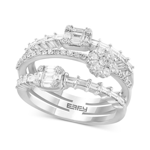 EFFY® Multirow Baguette & Round Diamond Triple Row Ring (1-1/20 ct. t.w.) in 14k White Gold