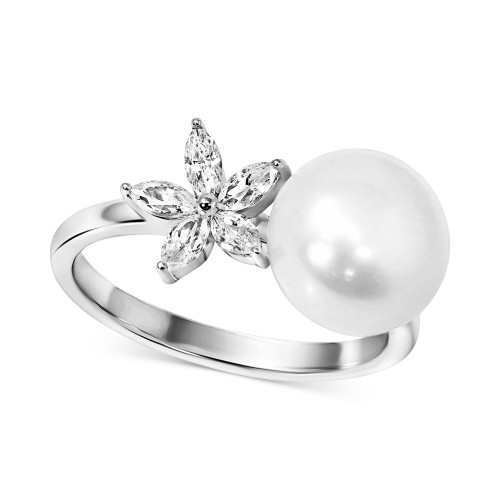 Cultured Freshwater Pearl (9mm) & Cubic Zirconia Flower Ring in Sterling Silver