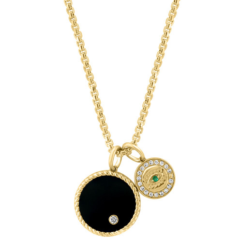 EFFY® Men's Onyx, Emerald Accent, & Diamond (1/6 ct. t.w.) Two Charm 22" Pendant Necklace in 14k Gold
