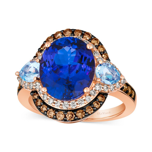 Blueberry Tanzanite (4-1/2 ct. t.w.), Sea Blue Aquamarine (1/2 ct. t.w.), Chocolate Diamonds (3/8 ct. t.w.) & Nude Diamonds (1/4 ct. t.w.) Ring in 14k Rose Gold